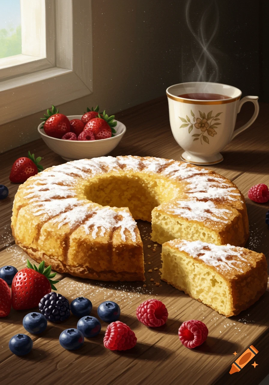 Illustrated bundt cake with powdered sugar, a slice cut out, surrounded by fresh berries and a steaming teacup on a wooden table.