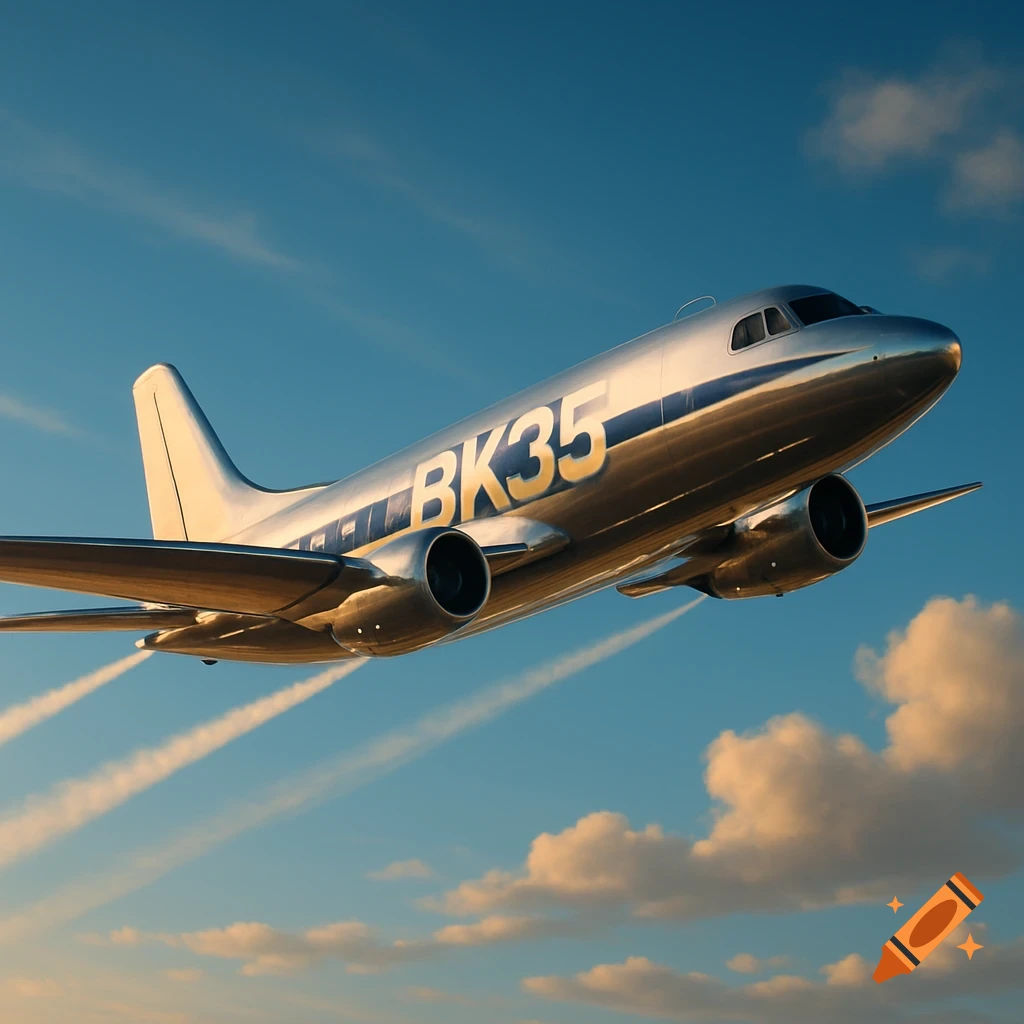 A shiny silver airplane with 'BK35' on its side flies through a blue sky with white clouds, leaving contrails.