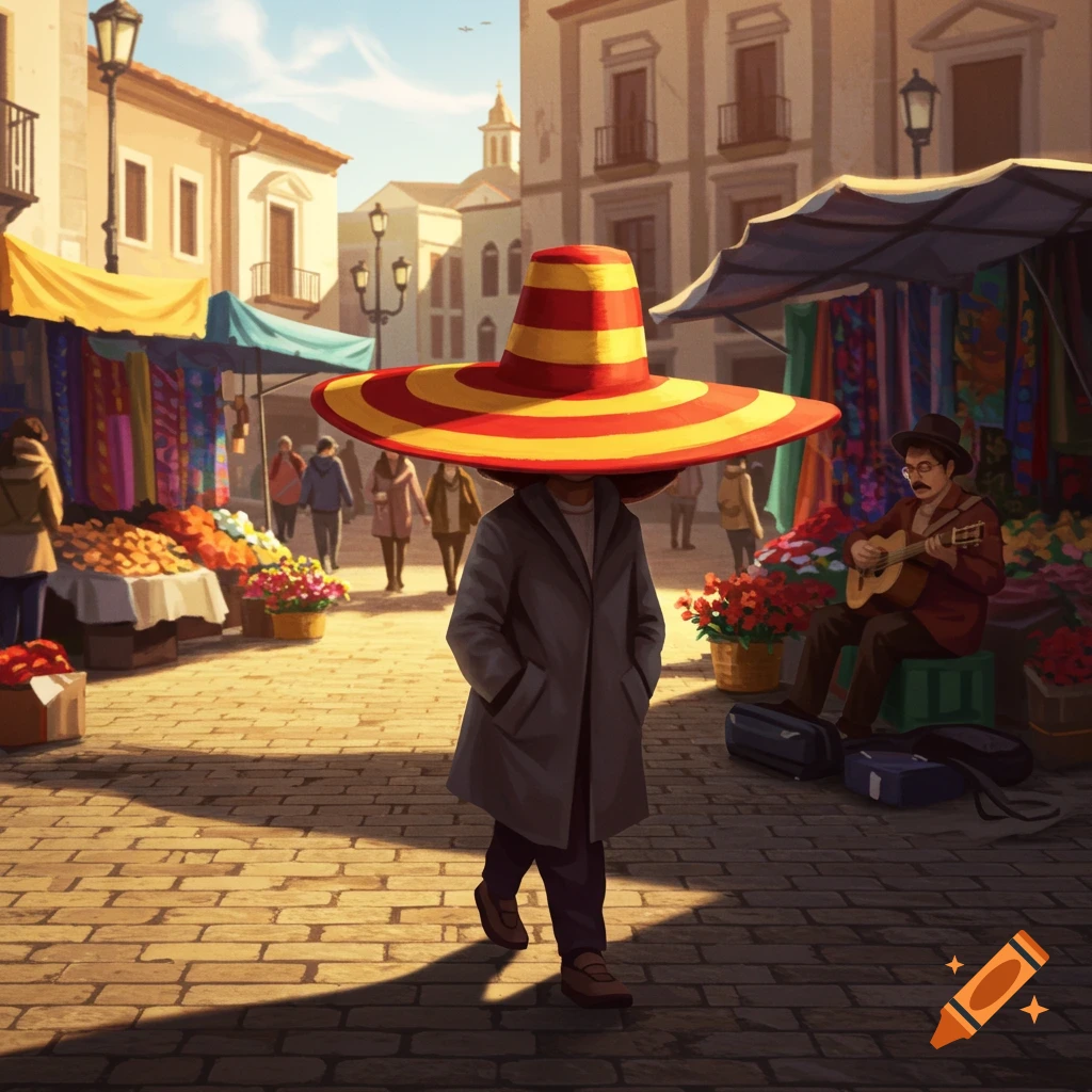 An illustration of a person wearing a huge red and yellow striped hat walking through a vibrant market street with stalls and a guitar player.