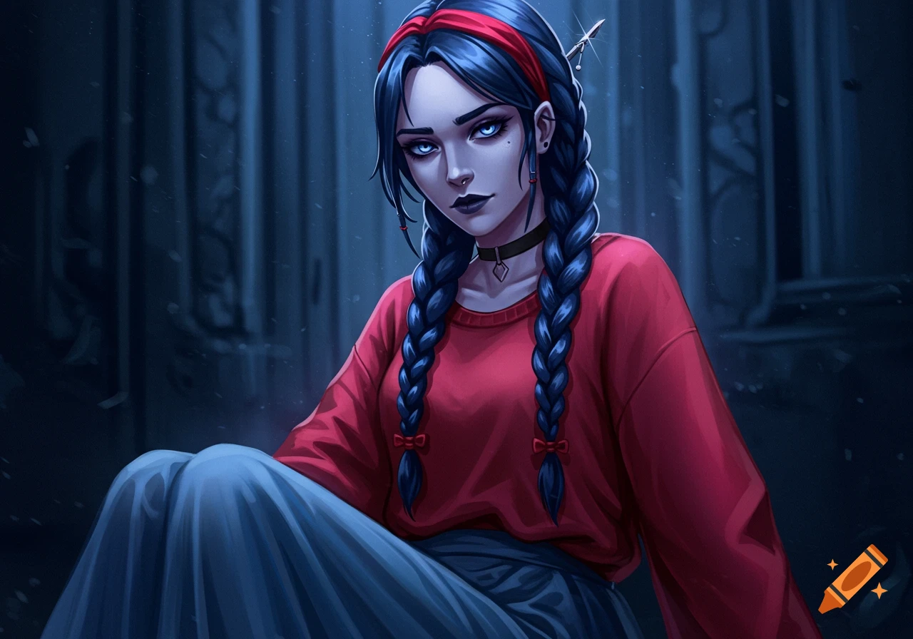 A stylized woman with dark blue braided hair, a red hairband, and blue eyes, wearing a red sweater and blue skirt, sits in a dark blue setting.