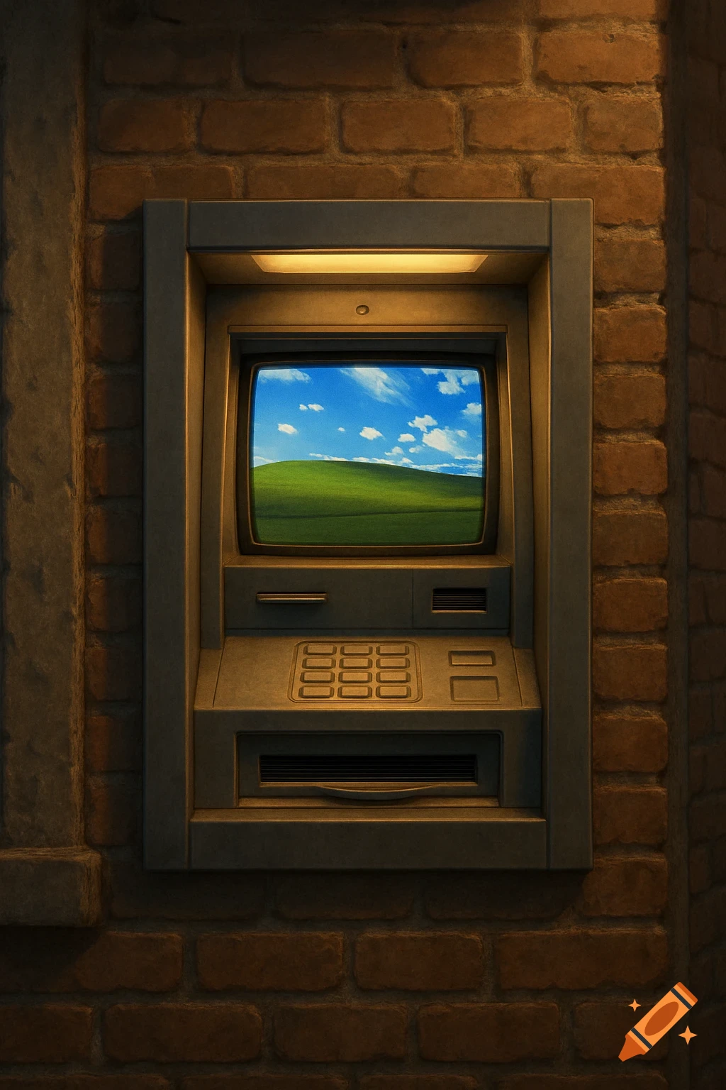 A photorealistic ATM embedded in a brick wall displays the Windows XP 'Bliss' wallpaper on its screen.