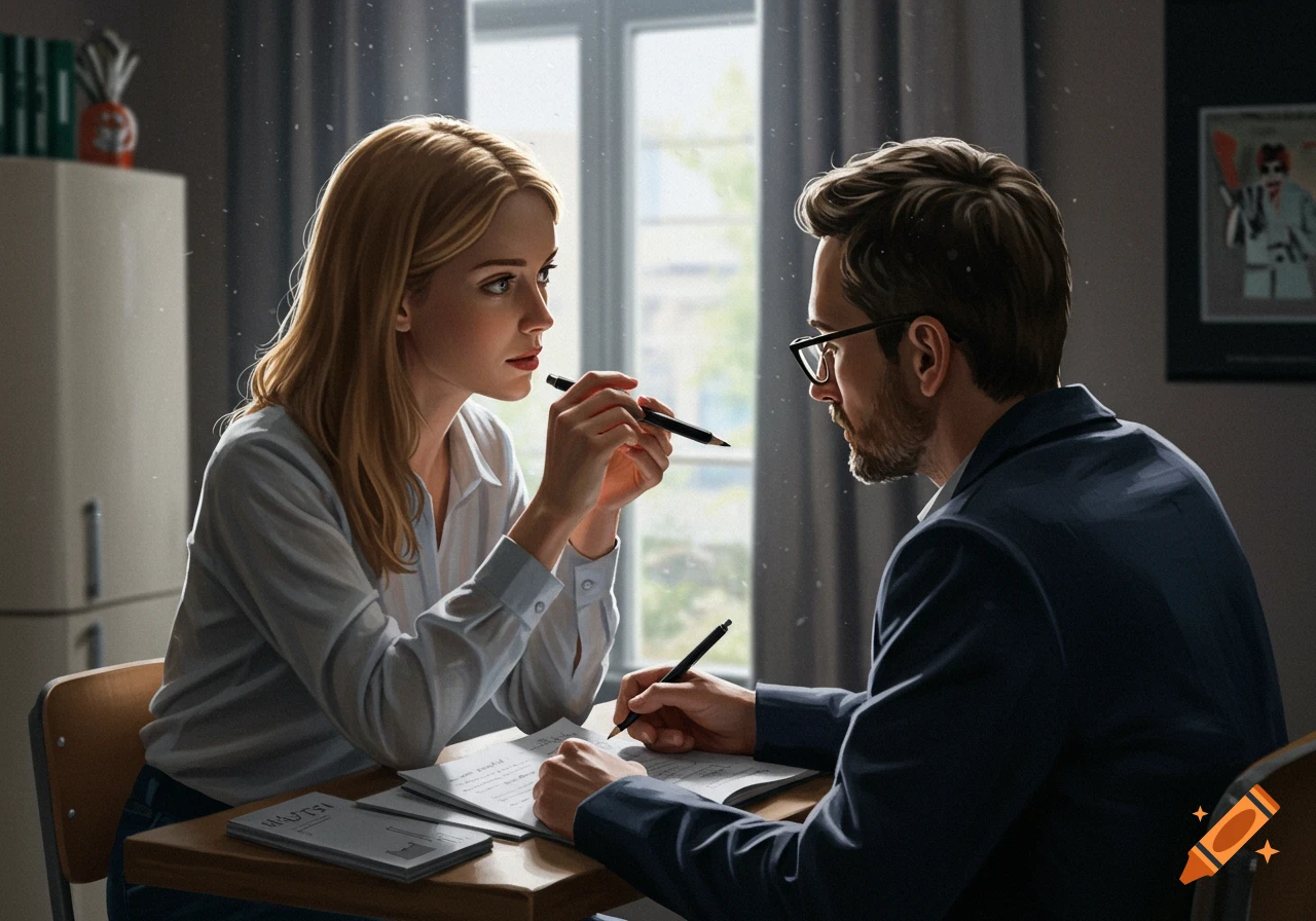 A woman and a man sit at a desk, looking at each other, holding pens and papers in a professional setting.