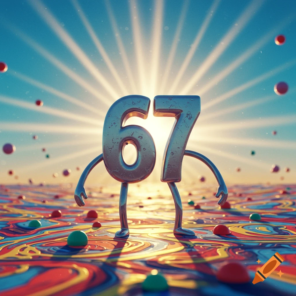 A metallic number 67 with arms and legs stands on a vibrant, swirled colorful surface under a bright, radiant sky.