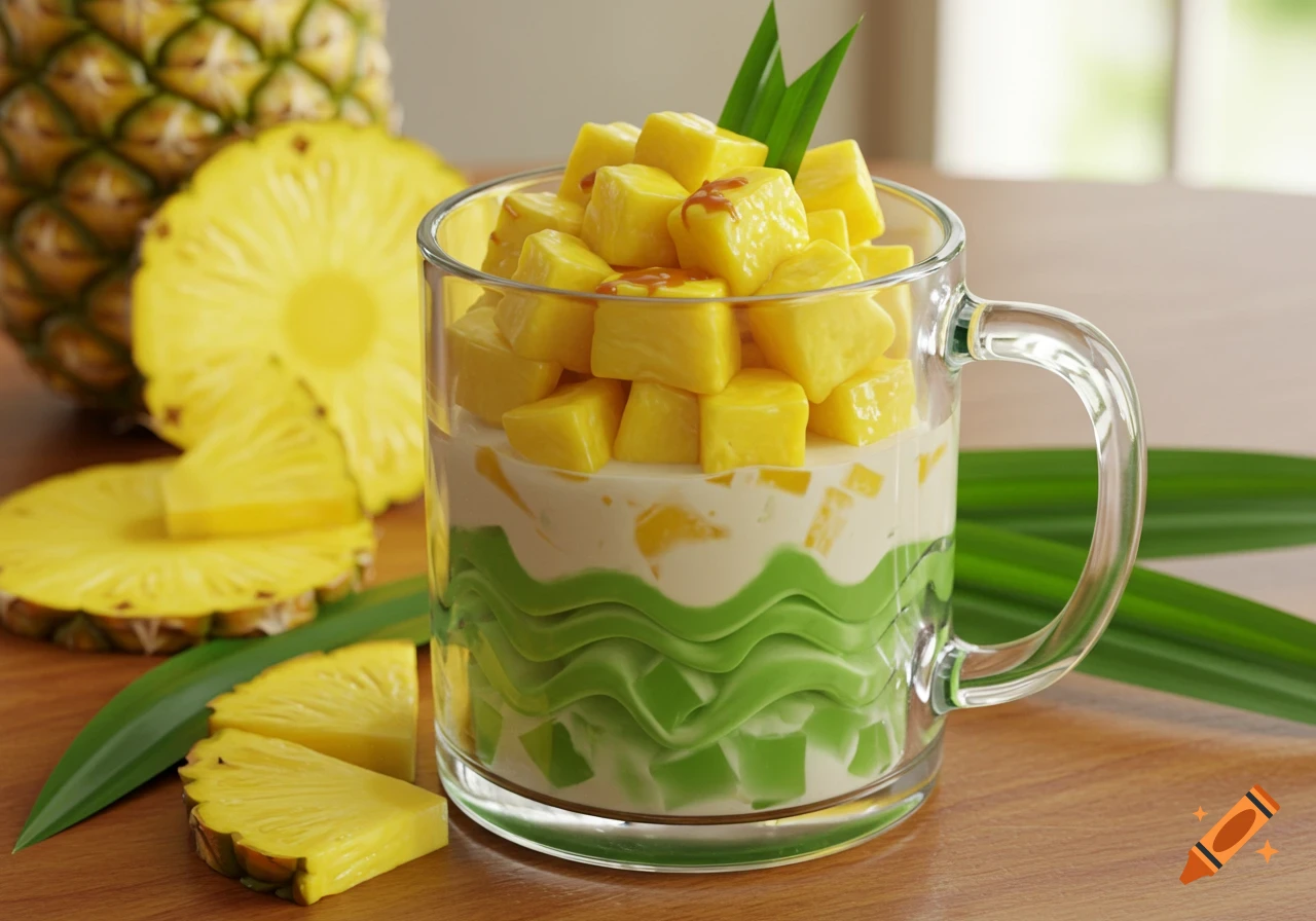 A clear glass mug filled with layered green and white dessert, topped with yellow fruit cubes and pandan leaves. Pineapple slices sit beside it on a wooden table.