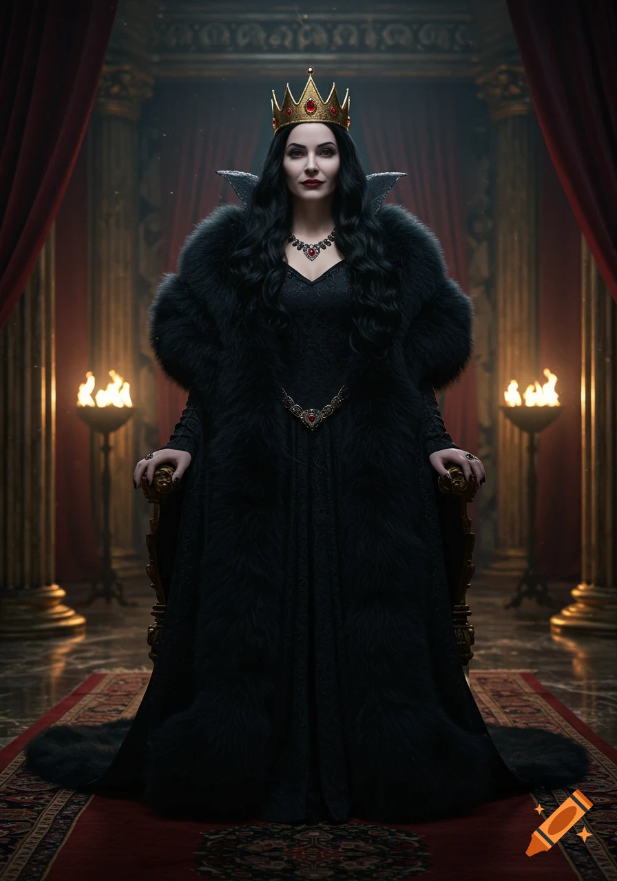 A regal woman with long black hair, wearing a black fur coat and a golden crown, sits on a throne in a dimly lit, ornate room.