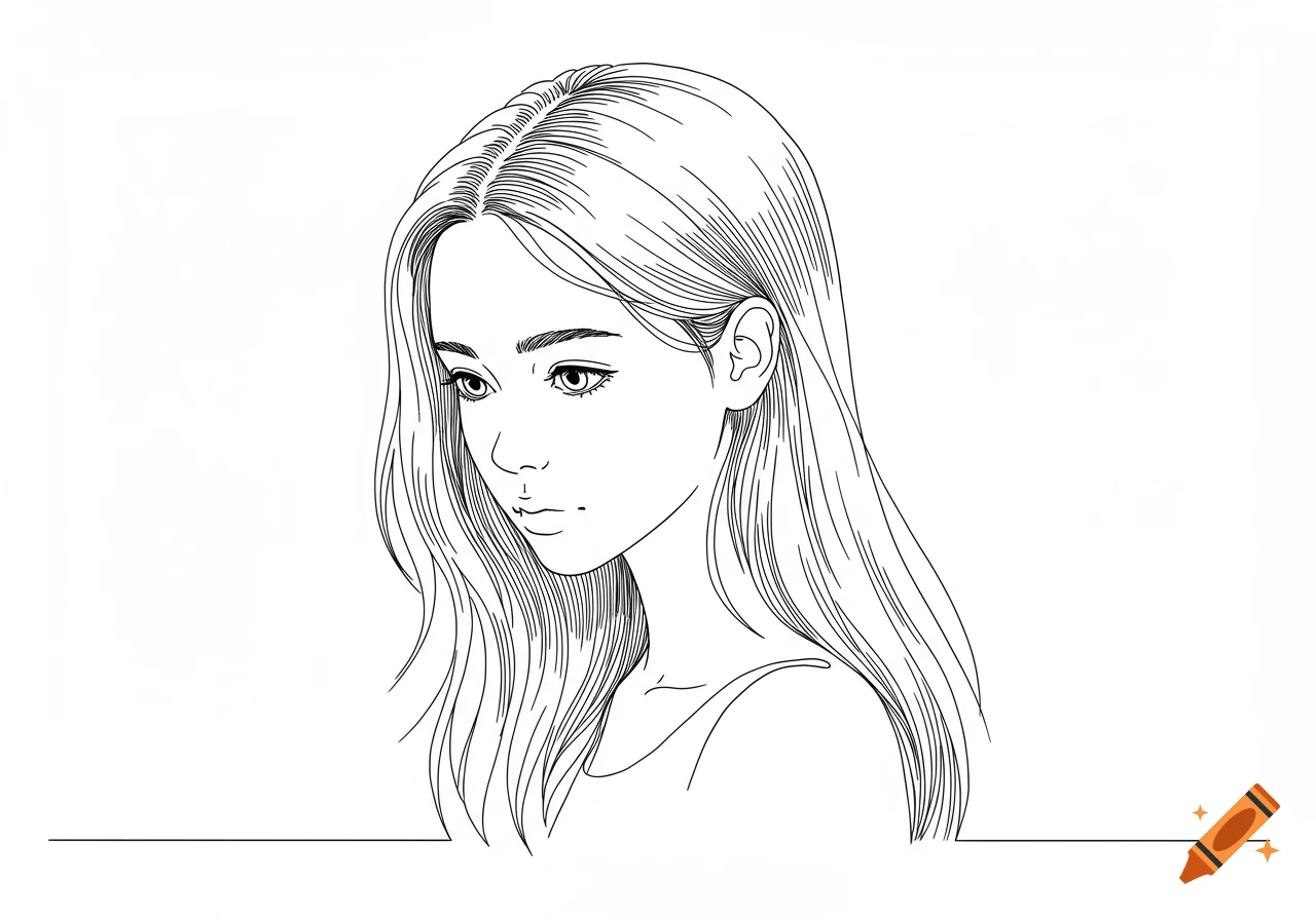 A black and white line drawing of a young woman with long hair, looking down with a thoughtful expression.