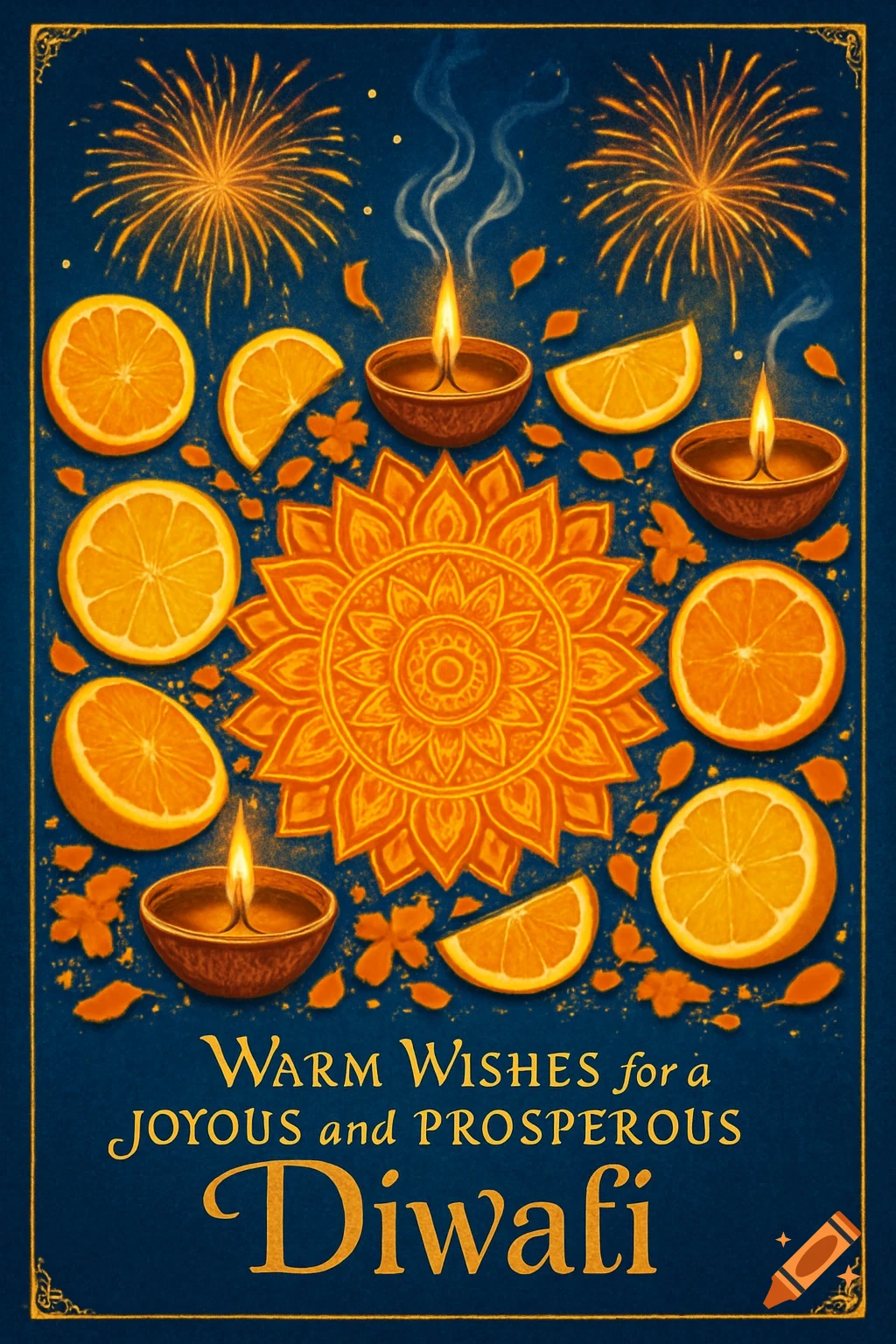 Diwali greeting card with orange mandala, citrus fruits, glowing diyas, fireworks, and 'Warm Wishes for a Joyous and Prosperous Diwali' text on a blue background.