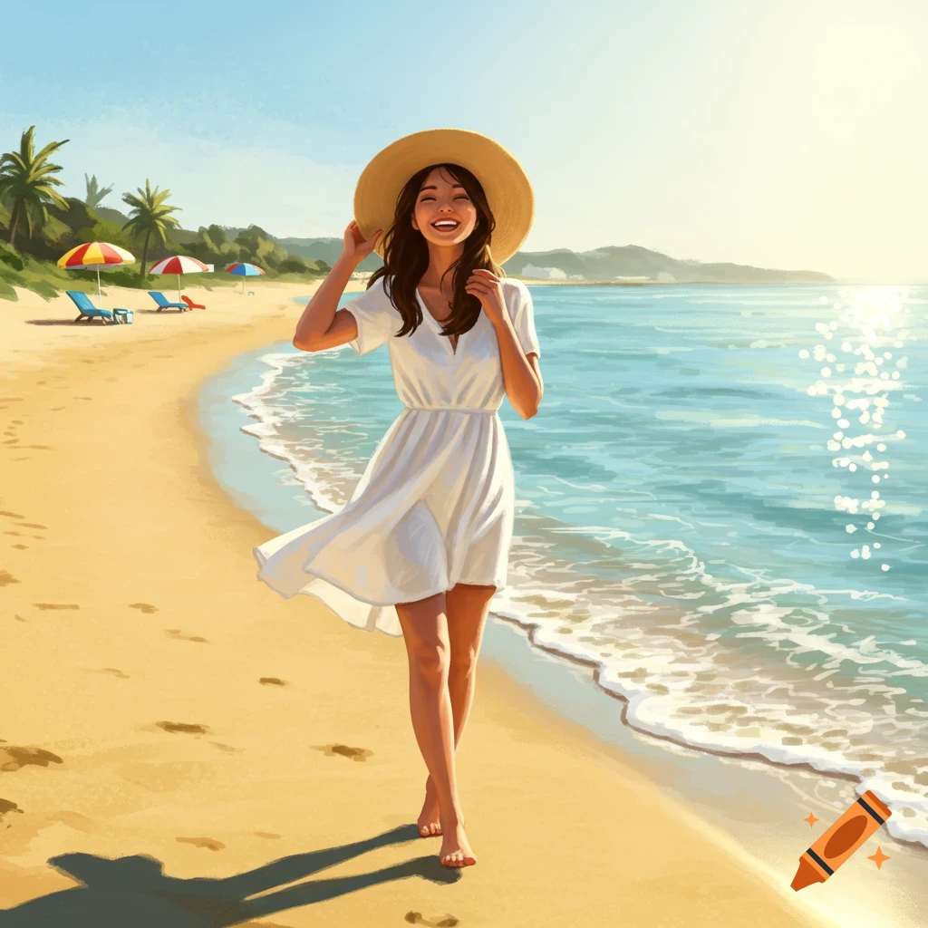 Smiling woman in a white dress and straw hat walks barefoot on a sunny beach with palm trees.