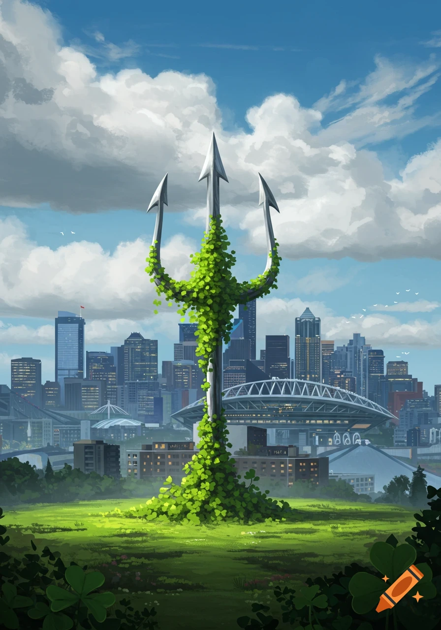 A massive, vine-covered trident stands in a green field with the Seattle skyline and stadium in the background under a blue, cloudy sky.
