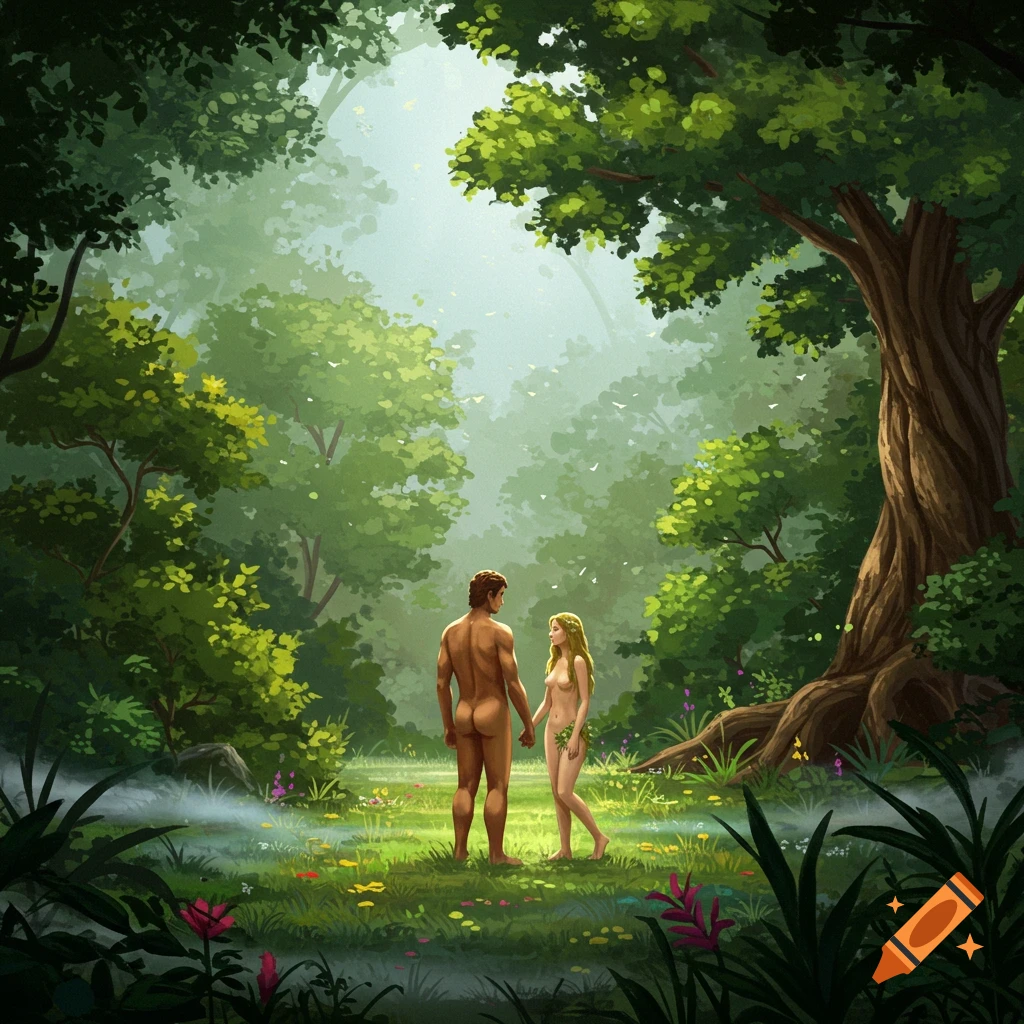 Adam and Eve stand nude in a lush, vibrant green garden under a large tree in an illustrative style.