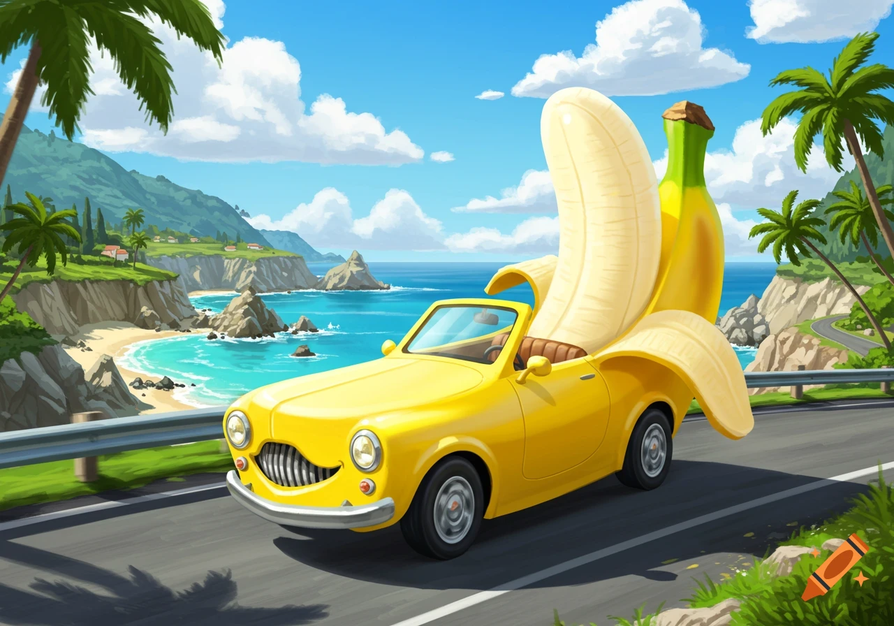 A yellow cartoon car with a large peeled banana as its roof drives along a winding coastal road with palm trees and blue ocean.