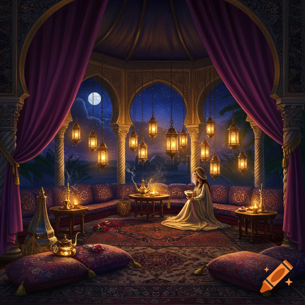 A woman in an ornate Arabian-style pavilion at night, surrounded by hanging lanterns and cushions under a full moon.
