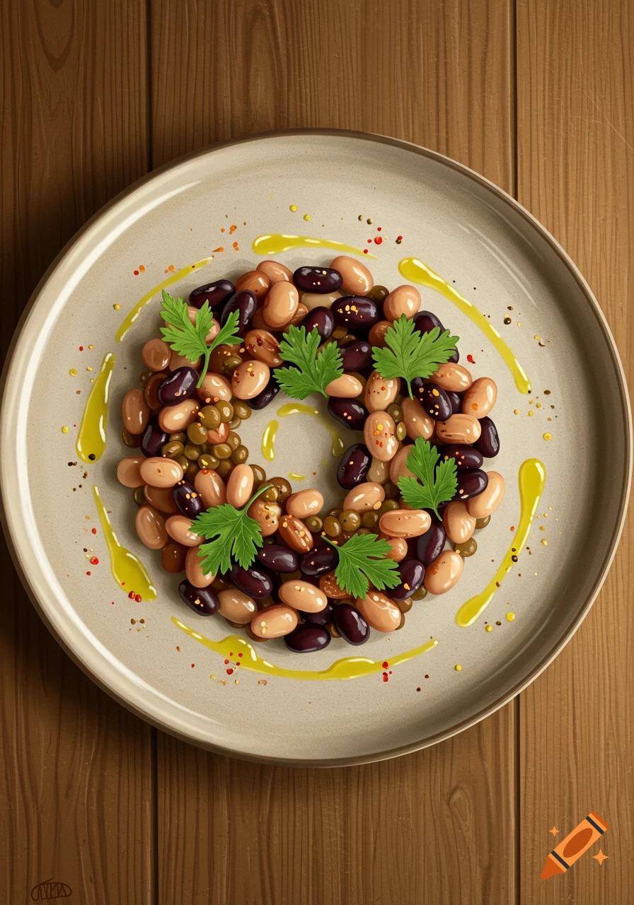 A stylized illustration of a bean salad arranged in a wreath on a plate, garnished with parsley and olive oil, on a wooden table.
