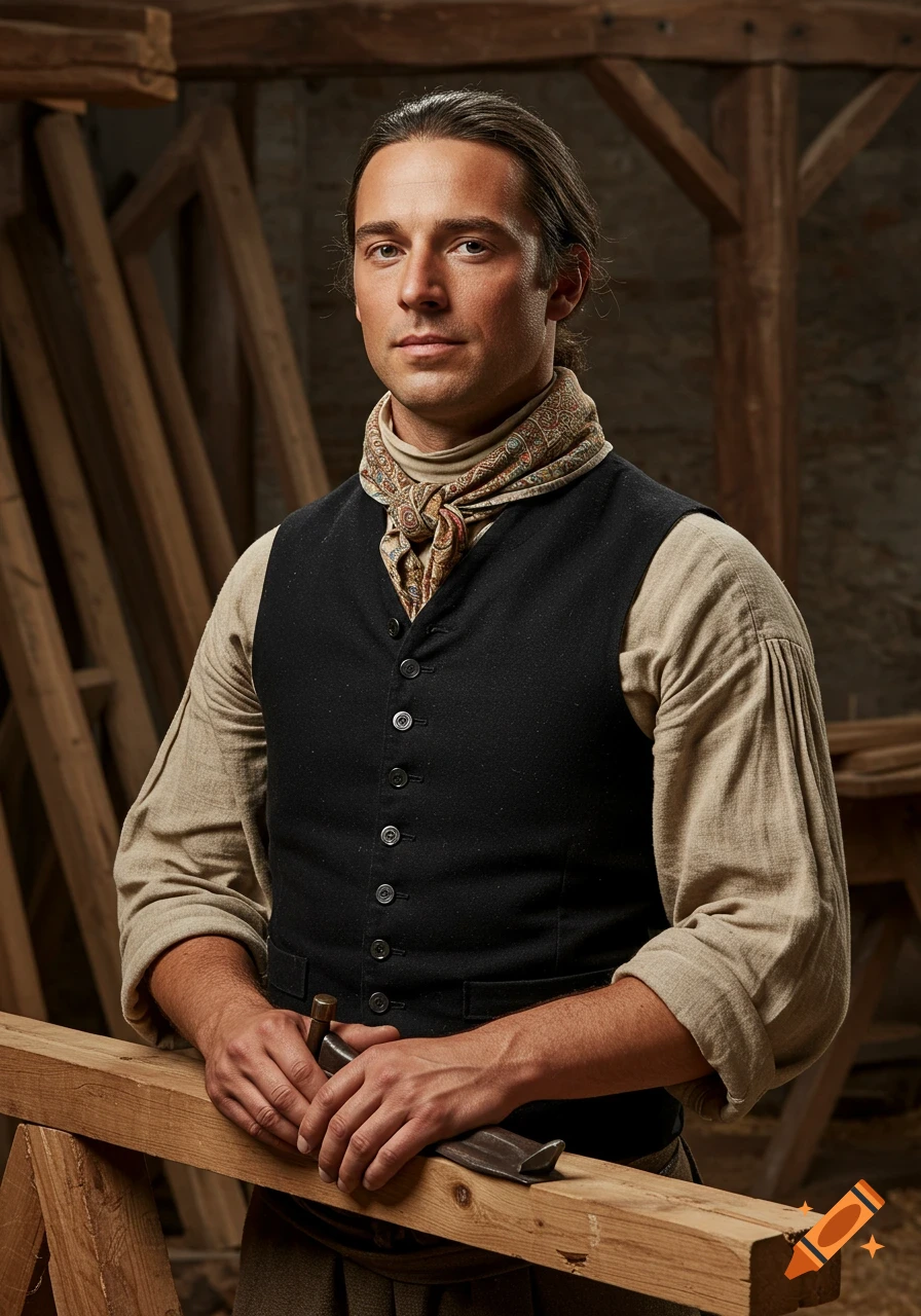 A photorealistic portrait of an 18th-century carpenter with long hair, wearing a vest and scarf, holding a chisel in a workshop.
