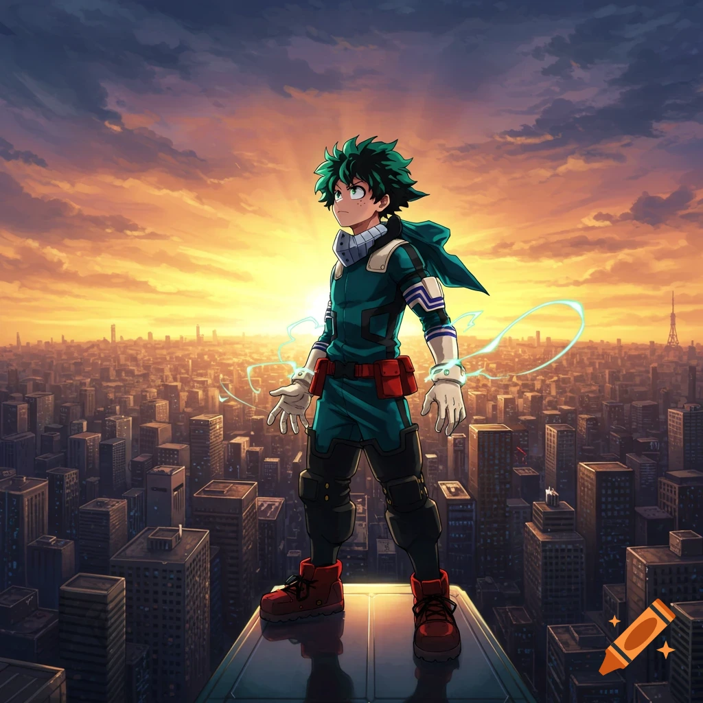Anime hero Izuku Midoriya in costume stands on a skyscraper overlooking a city at sunset, with glowing energy.