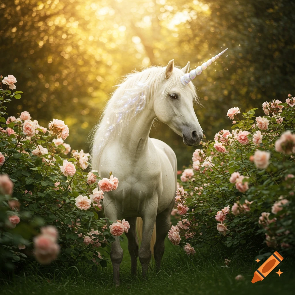 A majestic white unicorn stands amidst pink rose bushes in a sunlit, magical forest.