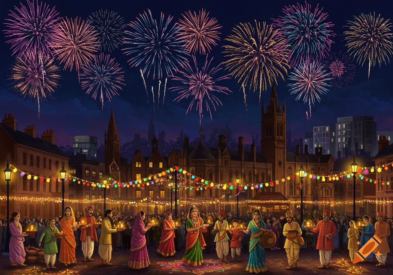 Vibrant illustration of a Diwali festival at night, people with diyas on a street with string lights and fireworks.