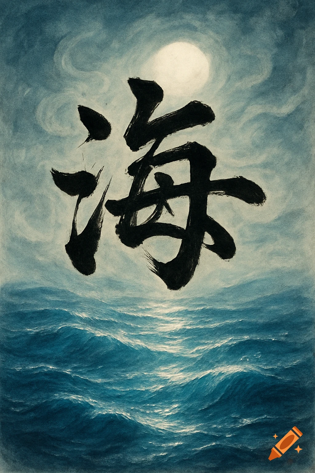 Black calligraphic Chinese character for 'sea' above deep blue ocean waves under a full moon, in a traditional painted style.