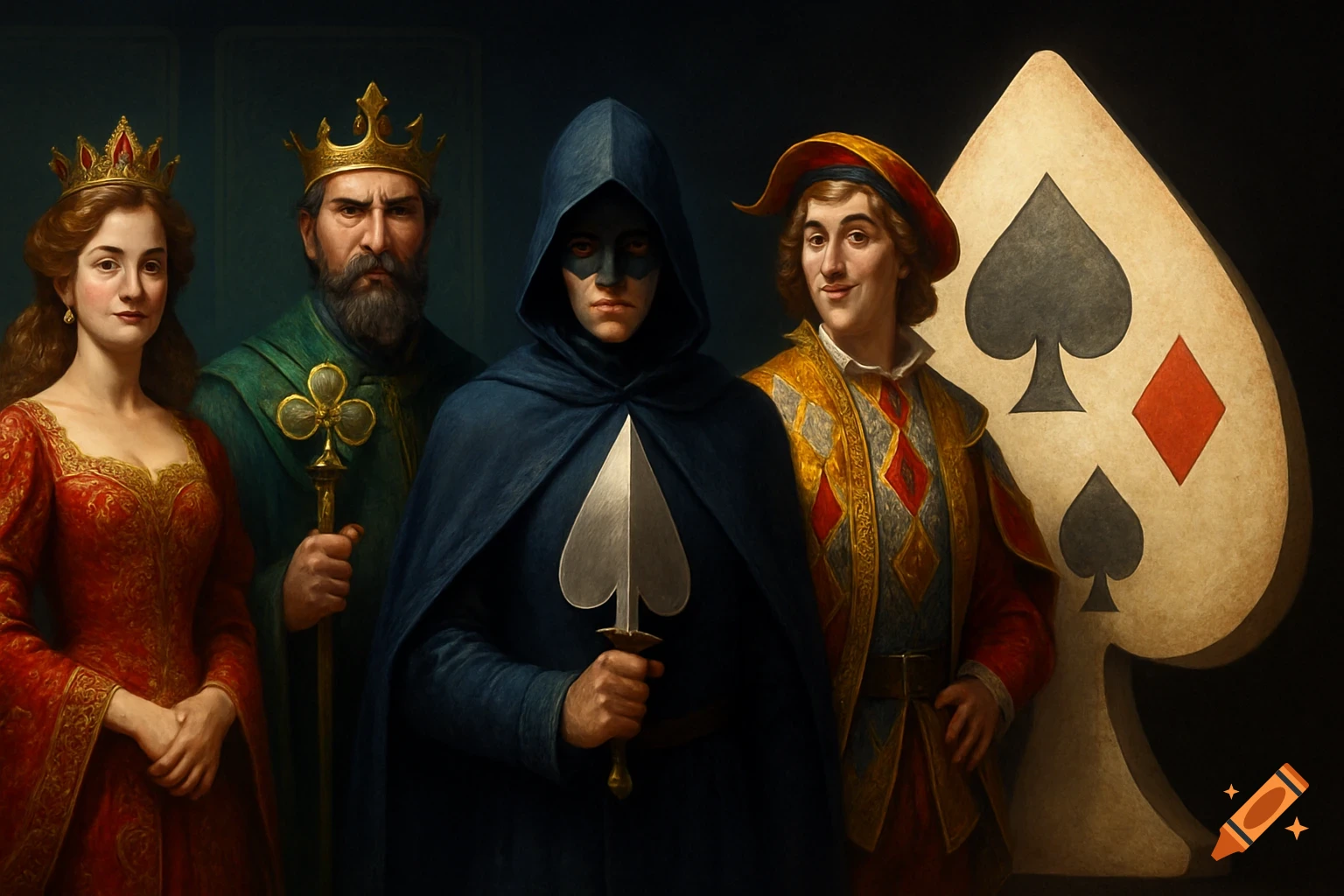 Queen, King, Ace, and Jack characters from playing cards in dramatic medieval attire, against a dark background with a large spade symbol.
