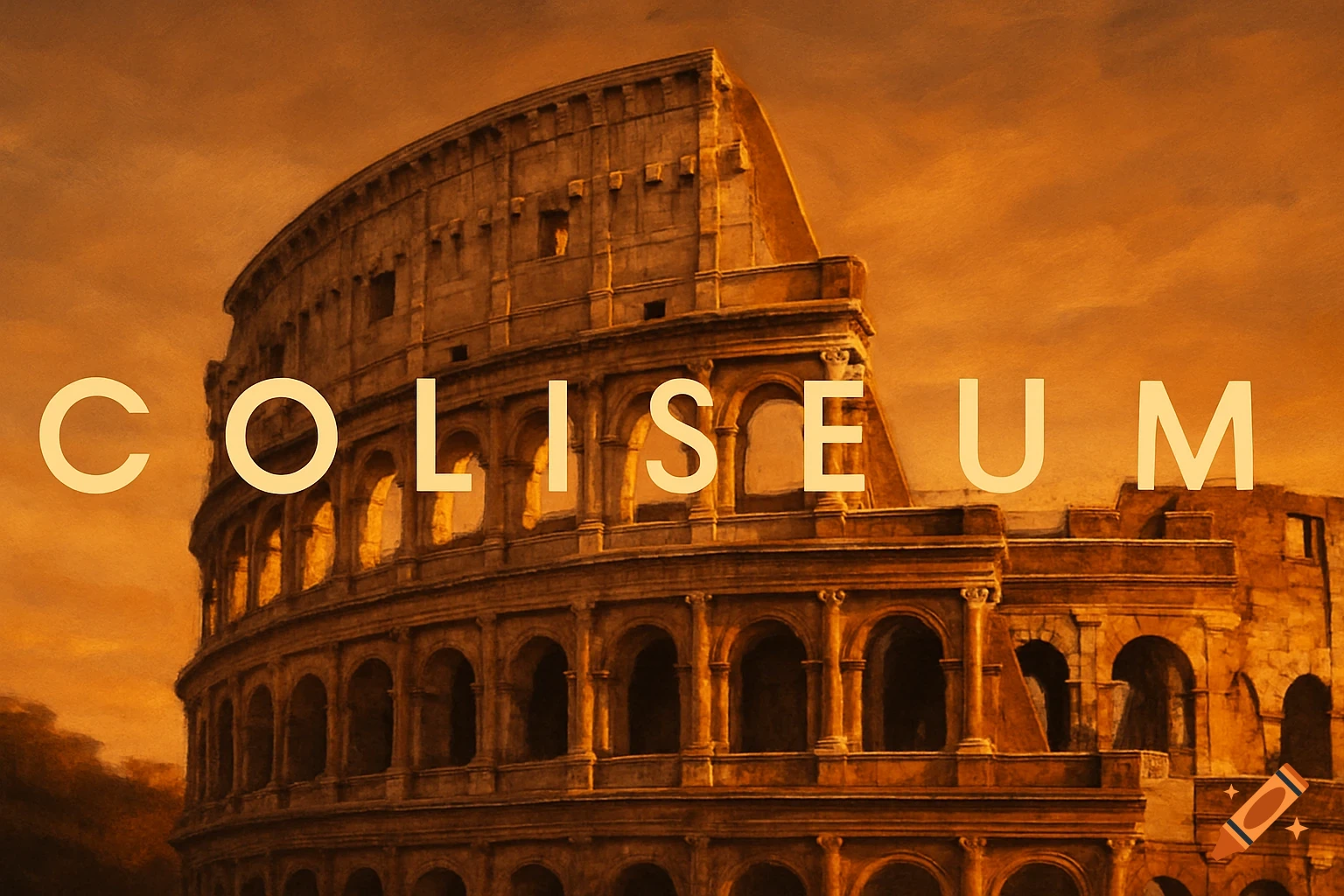 A stylized, painterly image of the Colosseum under an orange sky, with the word 'COLISEUM' written across it.