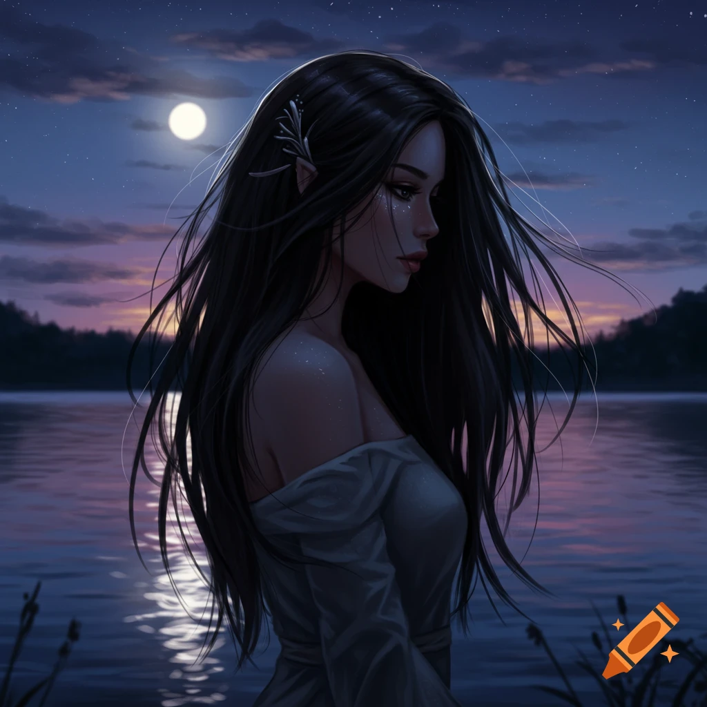 Digital painting of a dark-haired fantasy woman with pointed ears standing by a moonlit lake at night.