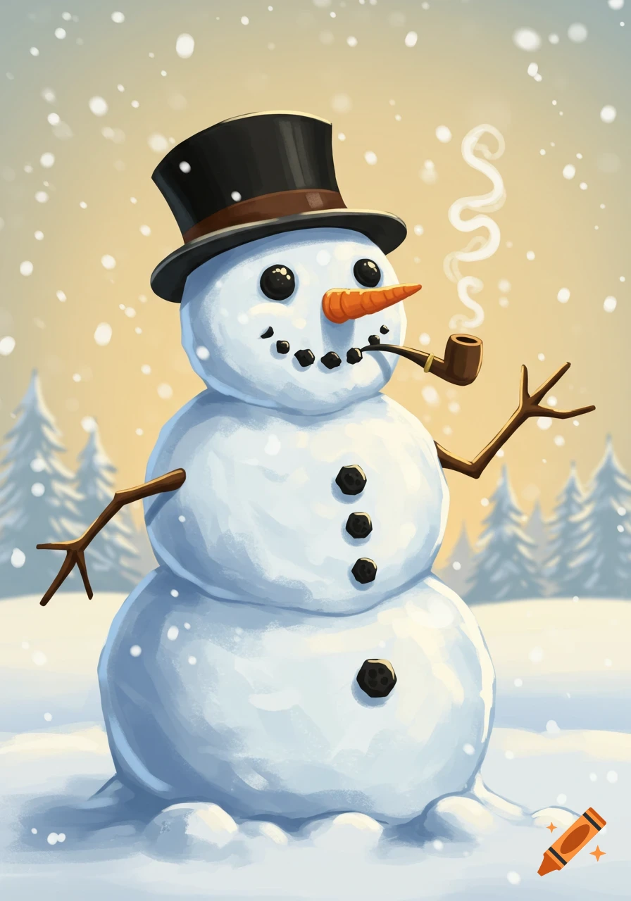 A cartoon snowman in a top hat and pipe stands in a snowy winter scene with falling snow and pine trees.
