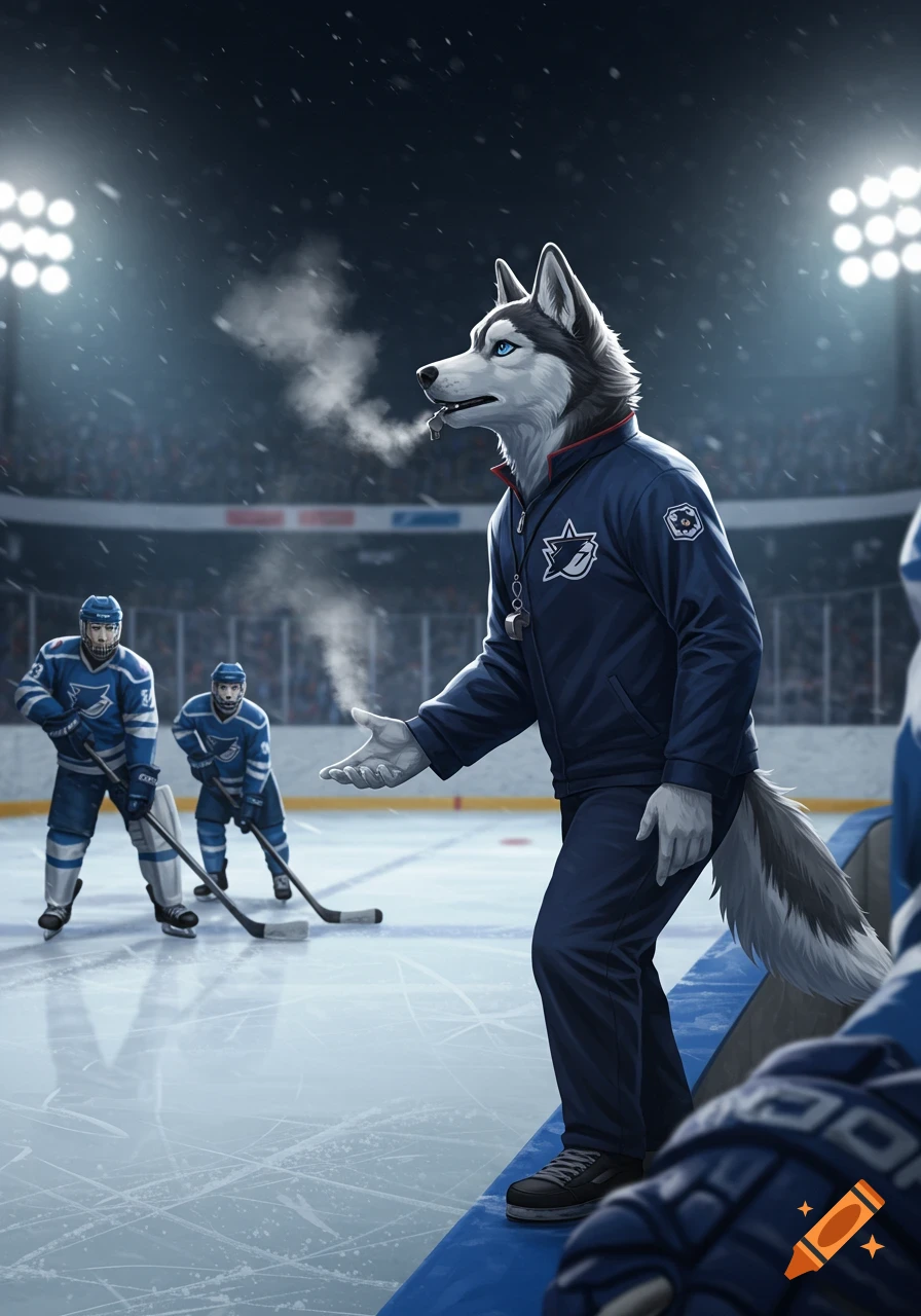 A husky hockey coach wearing a blue tracksuit stands on an ice rink, with steam exhaling from its mouth. Two hockey players are in the background.