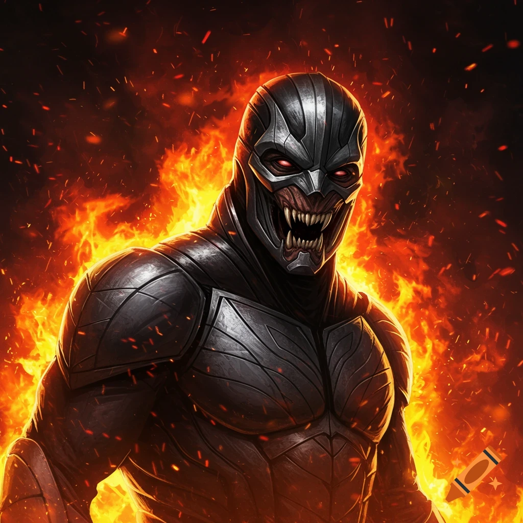 A fierce armored warrior with glowing red eyes and sharp fangs stands against a fiery background, in a comic art style.