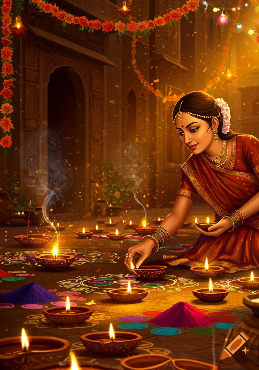 A woman in traditional Indian attire lights diyas on a floor with colorful rangoli patterns during Diwali, rendered in an illustrative style.