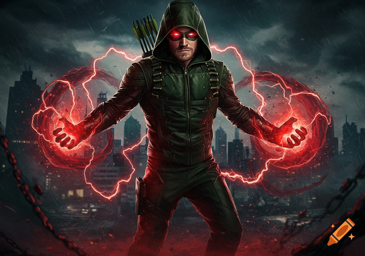 Photorealistic art of Green Arrow in a green hooded outfit, with glowing red eyes and hands emitting red energy, standing in a rainy city at night.