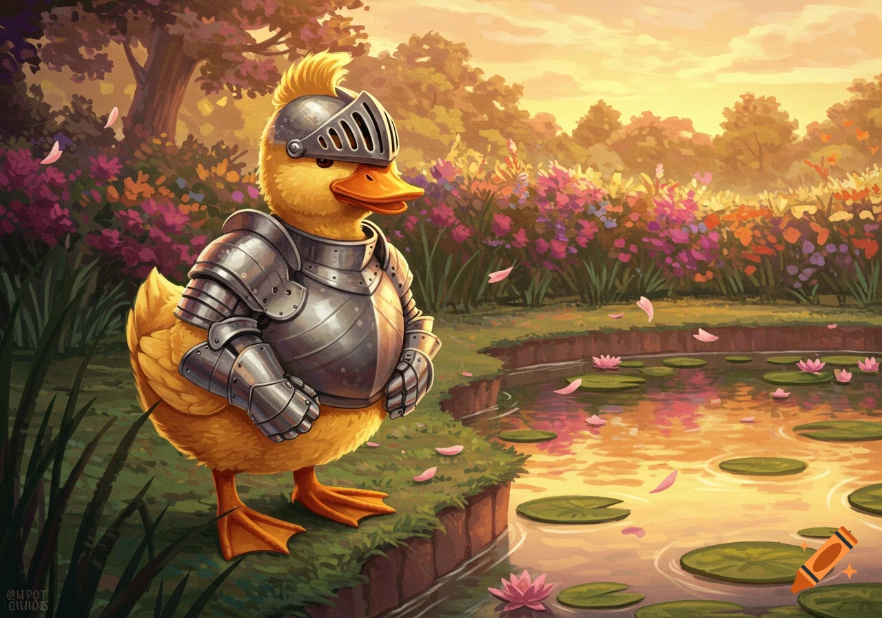 A yellow duck in shining knight armor stands by a pond with lily pads and pink flowers in a vibrant, painterly garden at sunset.