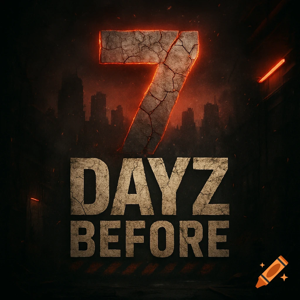A gritty, cinematic logo for '7 DAYZ BEFORE' with a cracked number 7 and distressed text, set against a dark, smoky, ruined city skyline with red glowing lights.