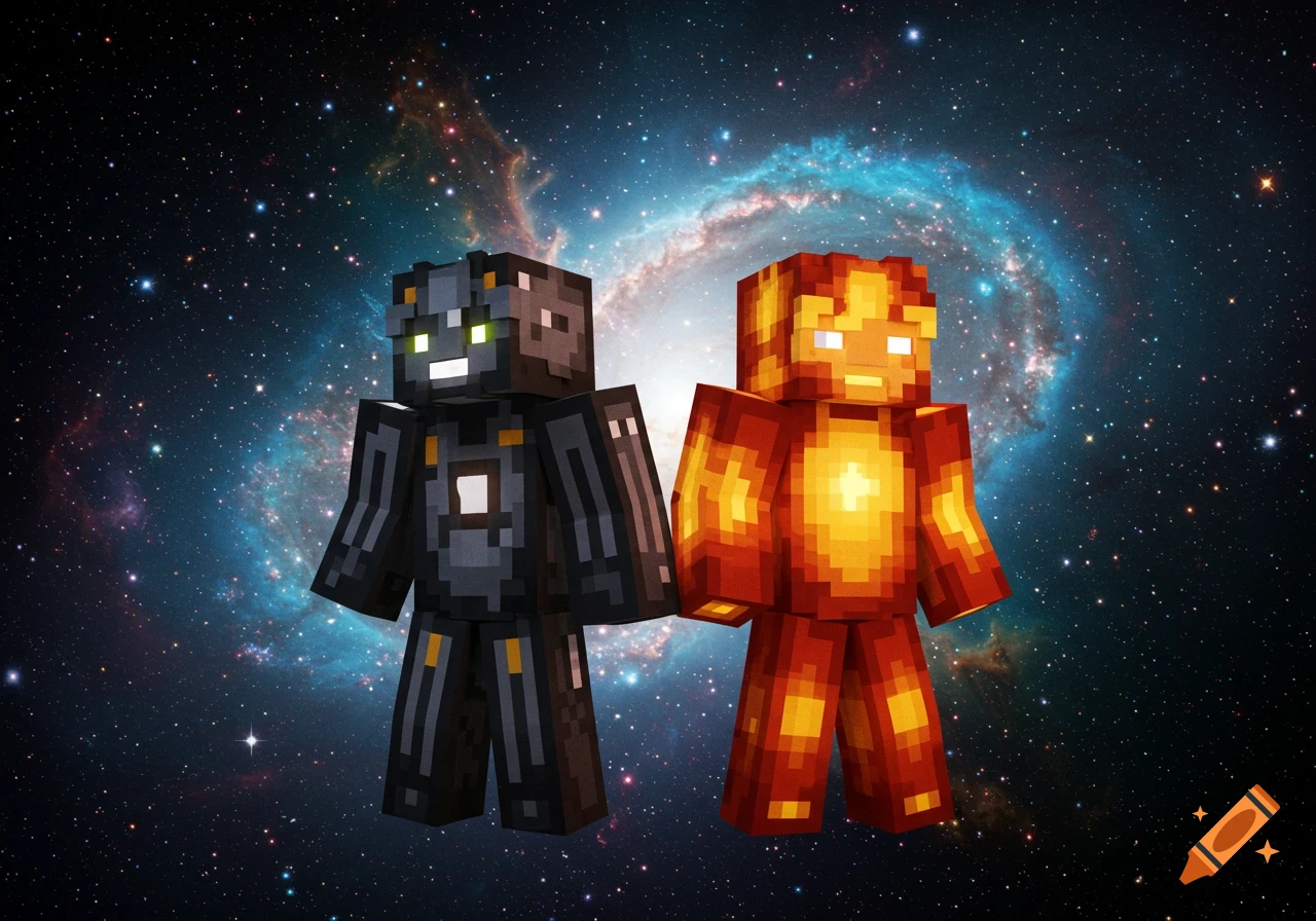 Two pixelated Minecraft characters, one dark grey with green highlights and one fiery orange, stand against a starry galaxy.