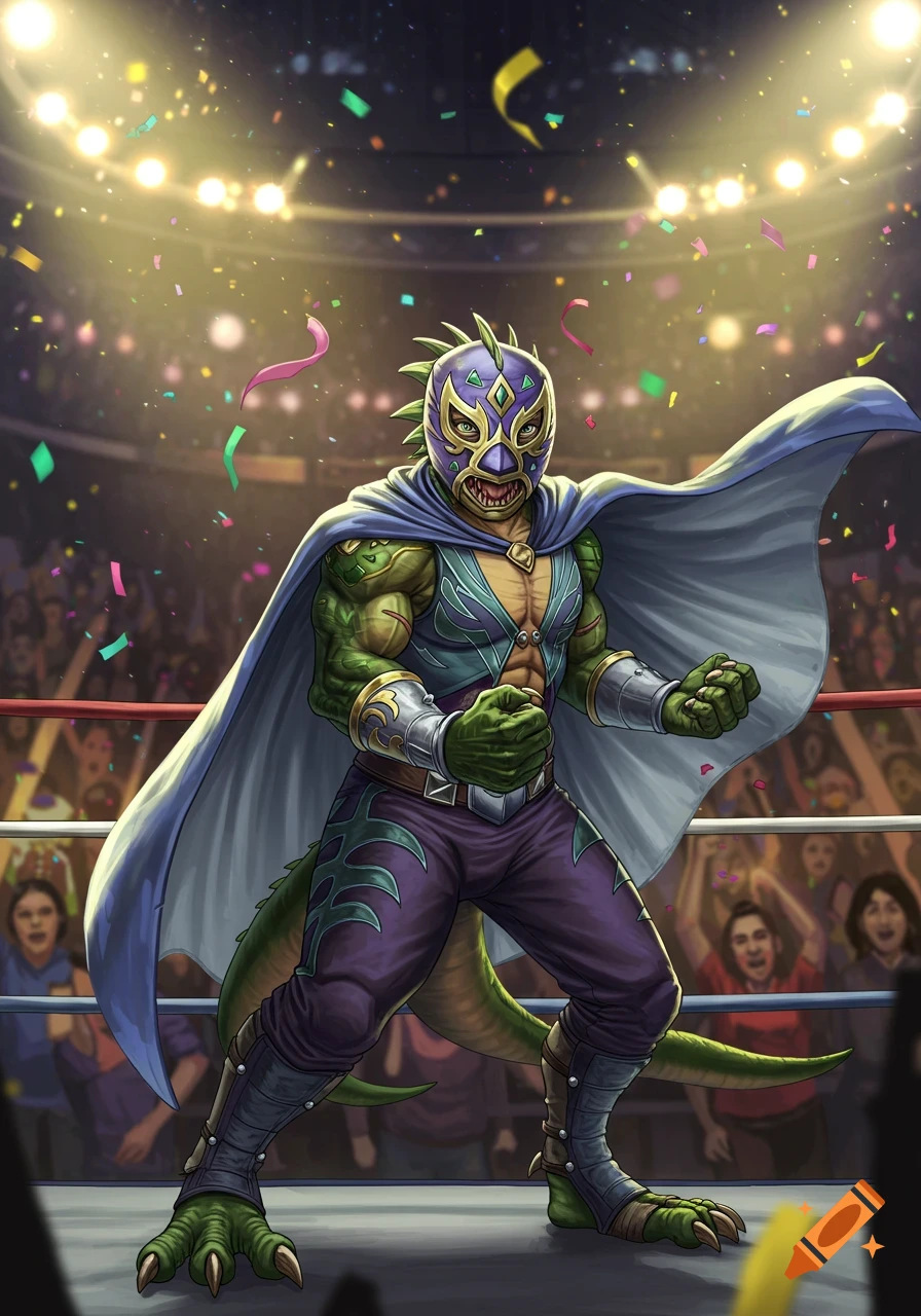 Vibrant illustration of a lizard-like luchador in a purple and gold mask, standing triumphantly in a wrestling ring with confetti and a cheering crowd.
