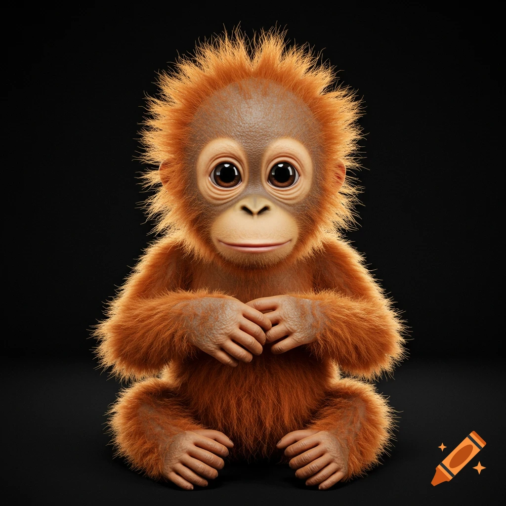 A cute, highly detailed 3D rendering of a baby orangutan with big eyes and fluffy orange fur, sitting on a black background.