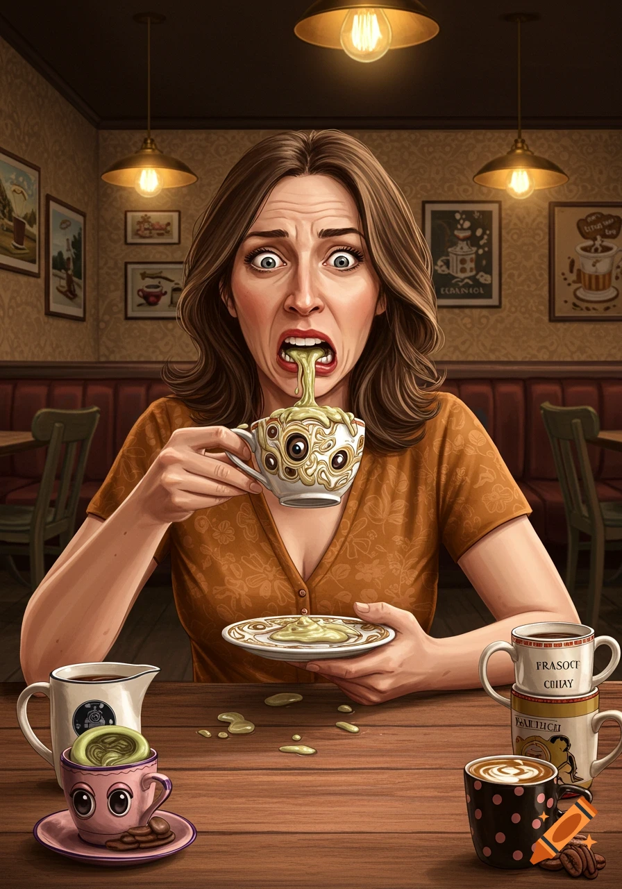 A woman in a cafe spits green liquid from a grotesque, eyed coffee cup, looking disgusted.