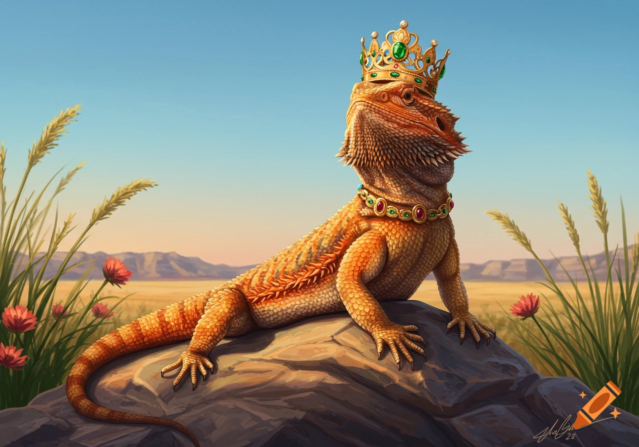 A majestic bearded dragon wearing a gold crown and jeweled collar sits on a rock in a sunny desert landscape with mountains in the background.