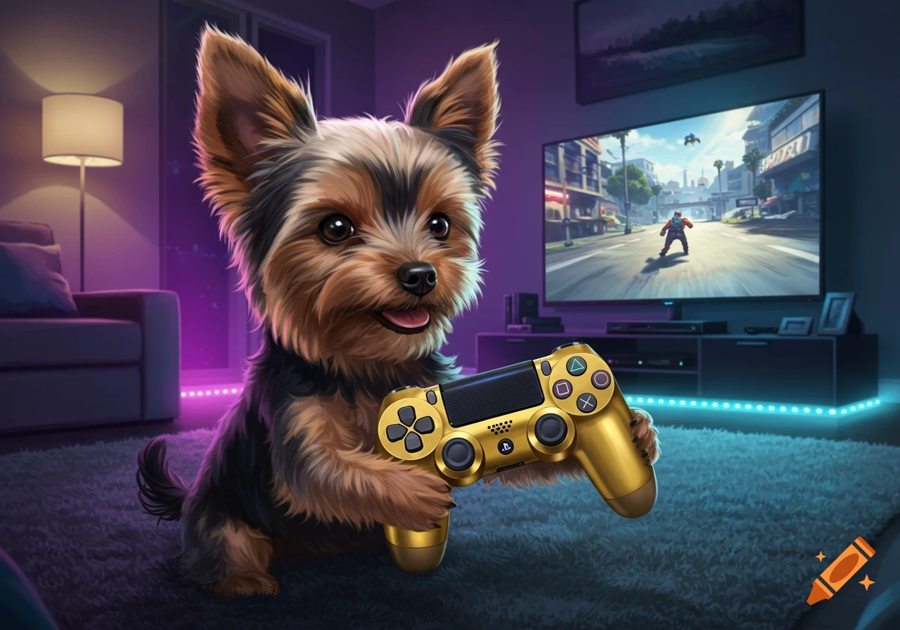 A cute Yorkshire terrier dog holds a golden PS4 controller while playing video games on a TV in a neon-lit room.