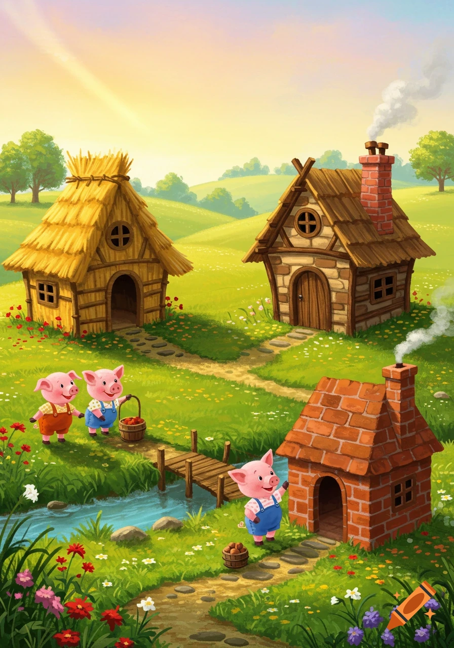 Three cartoon pigs near their three different houses (straw, wood, brick) in a lush green valley with a stream, under a sunny sky.