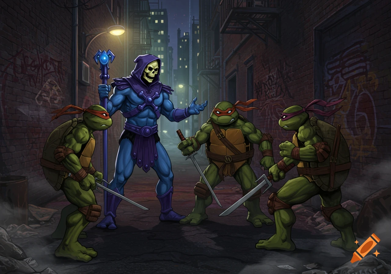 Skeletor holds his staff, facing three Teenage Mutant Ninja Turtles armed with weapons in a dark city alley.