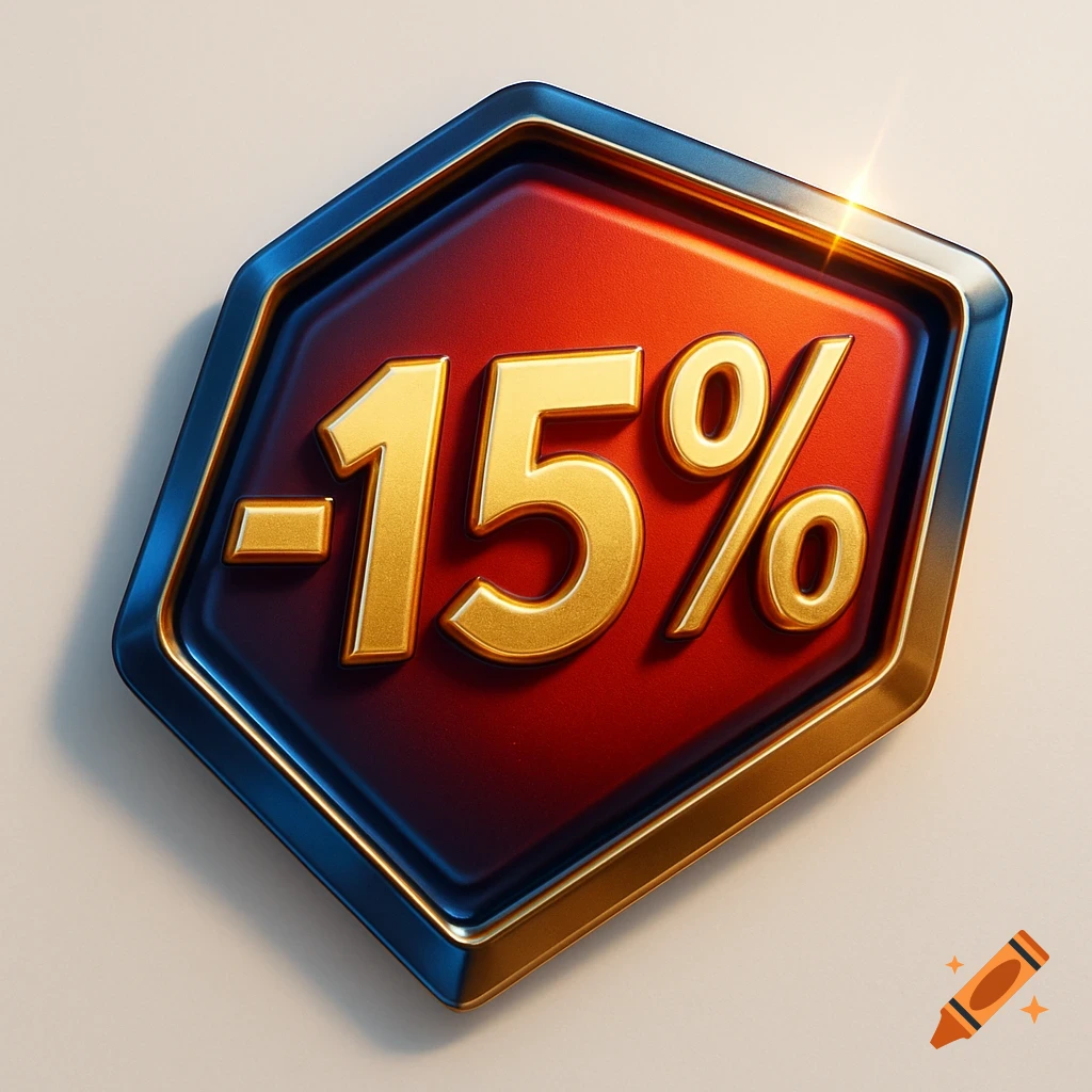 A shiny red, blue, and gold hexagon-shaped discount badge with "-15%" in bold gold text.