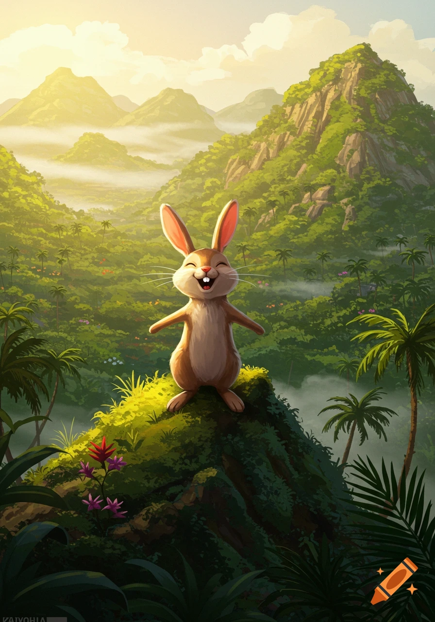 A happy brown cartoon rabbit stands on a mossy hill, smiling widely, with a lush tropical jungle and sunny mountains.