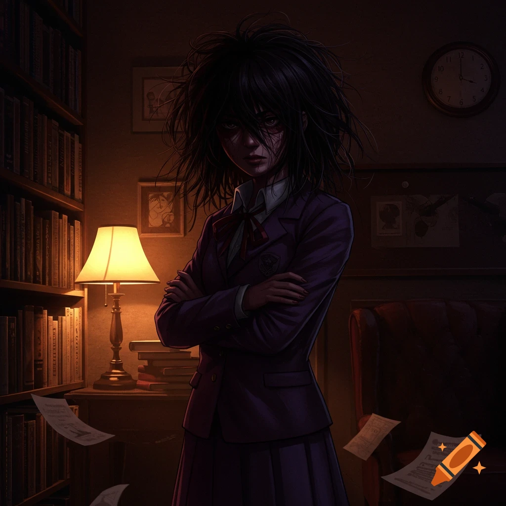 A somber anime girl with messy black hair and dark eyes, in a purple school uniform, stands with crossed arms in a dimly lit library.