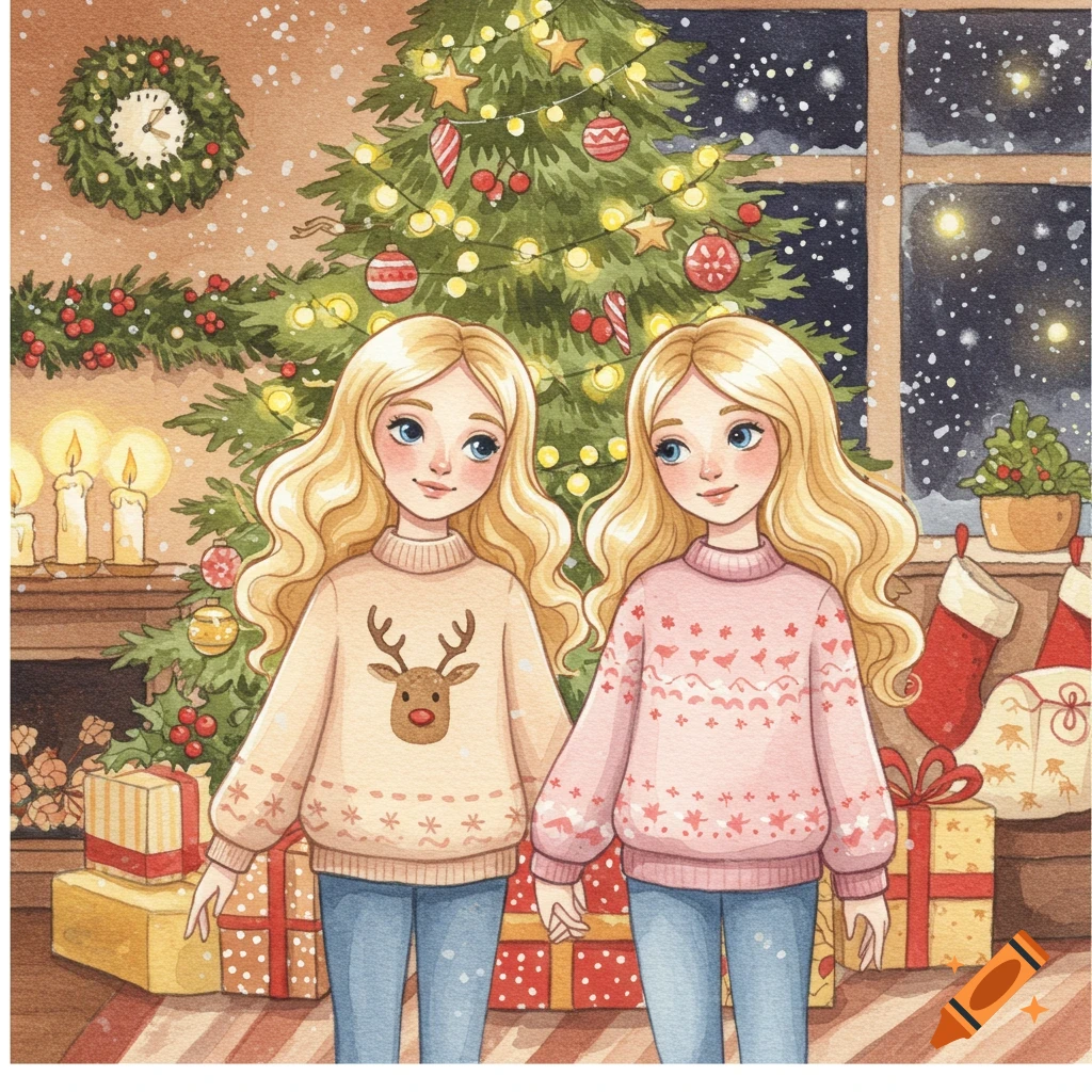 Watercolor illustration of two blond sisters in Christmas sweaters standing in front of a decorated Christmas tree and fireplace.