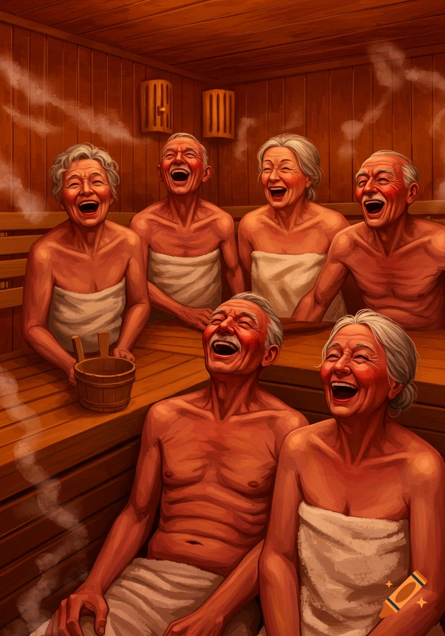 Illustration of six laughing elderly people, wrapped in white towels, enjoying a wooden sauna.
