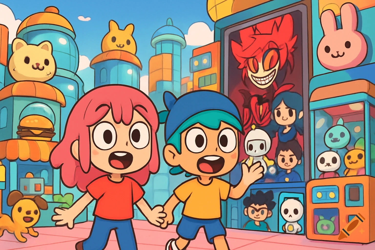 Two cartoon children run in a vibrant city with smiling plushies, a dog, and a poster of a grinning red demon.