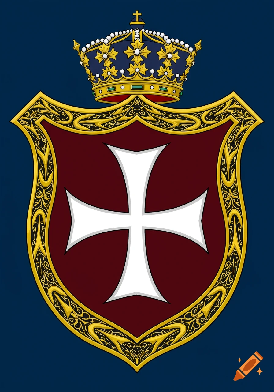 A maroon shield with a white Maltese cross, ornate golden border, and a royal crown on a dark blue background.