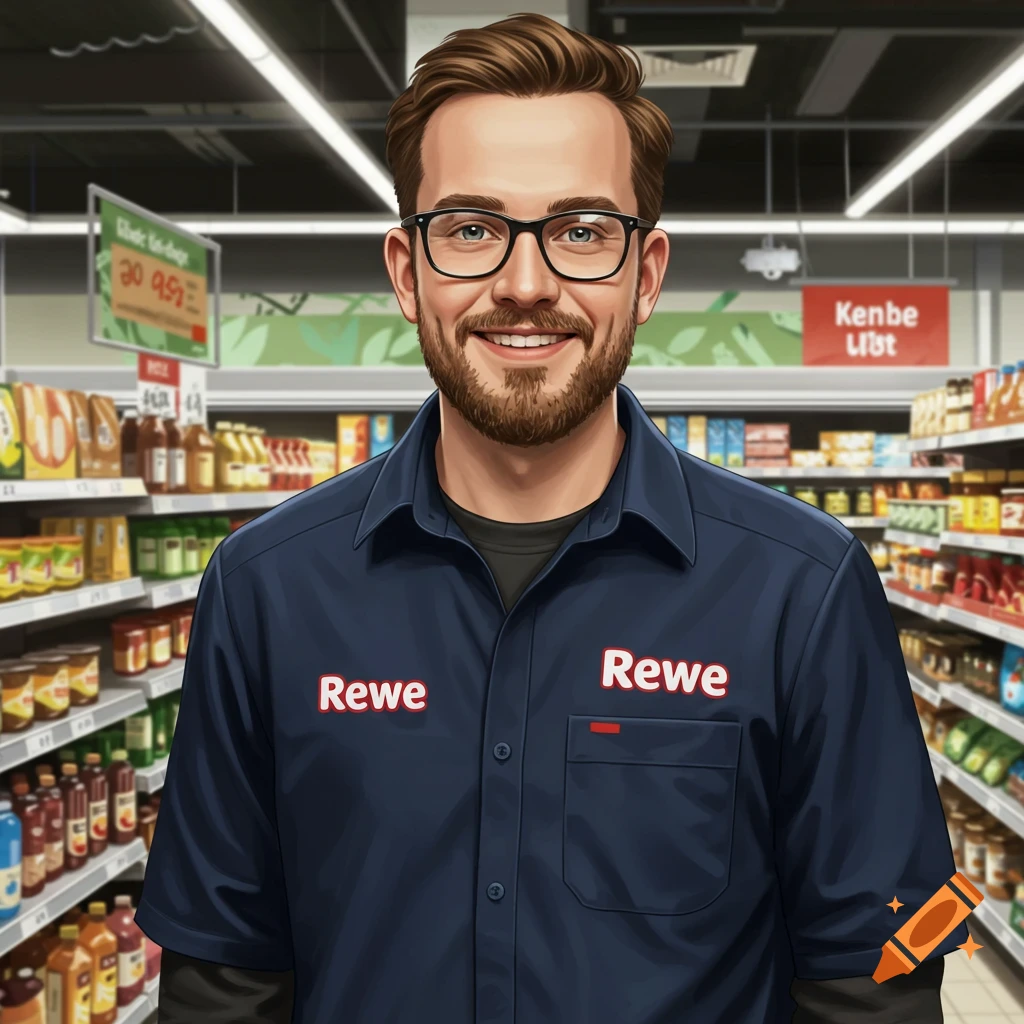 A smiling male supermarket employee with glasses and a beard, wearing a blue Rewe uniform, stands in an aisle with shelves of products in an illustrated style.
