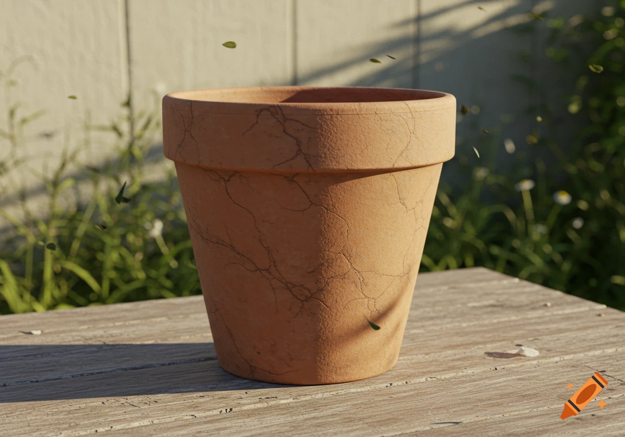 An empty, weathered terracotta planting pot sits on a wooden surface outdoors under sunlight.