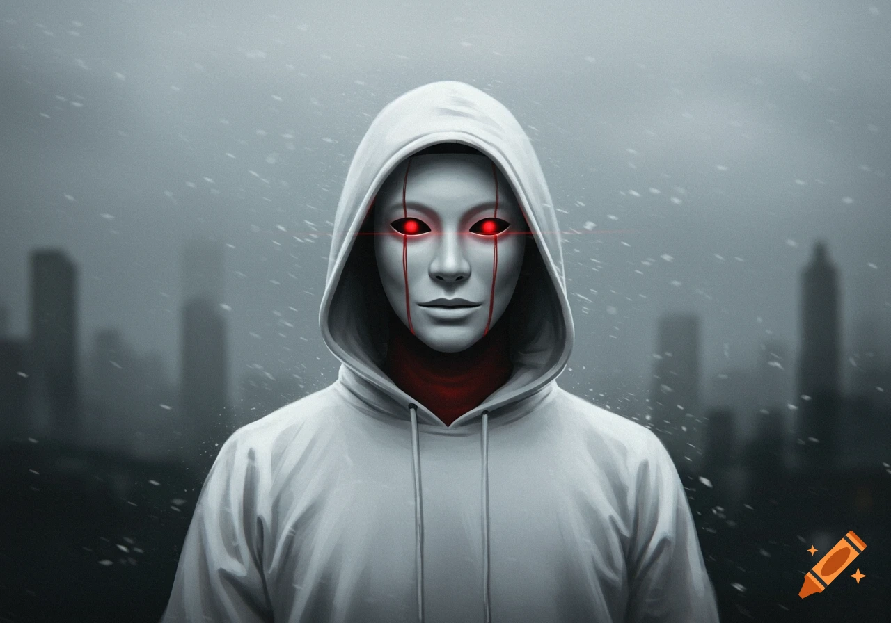 A hooded figure in a white hoodie and a white mask with glowing red eyes and red tear-like markings stands in a snowy, blurry cityscape.